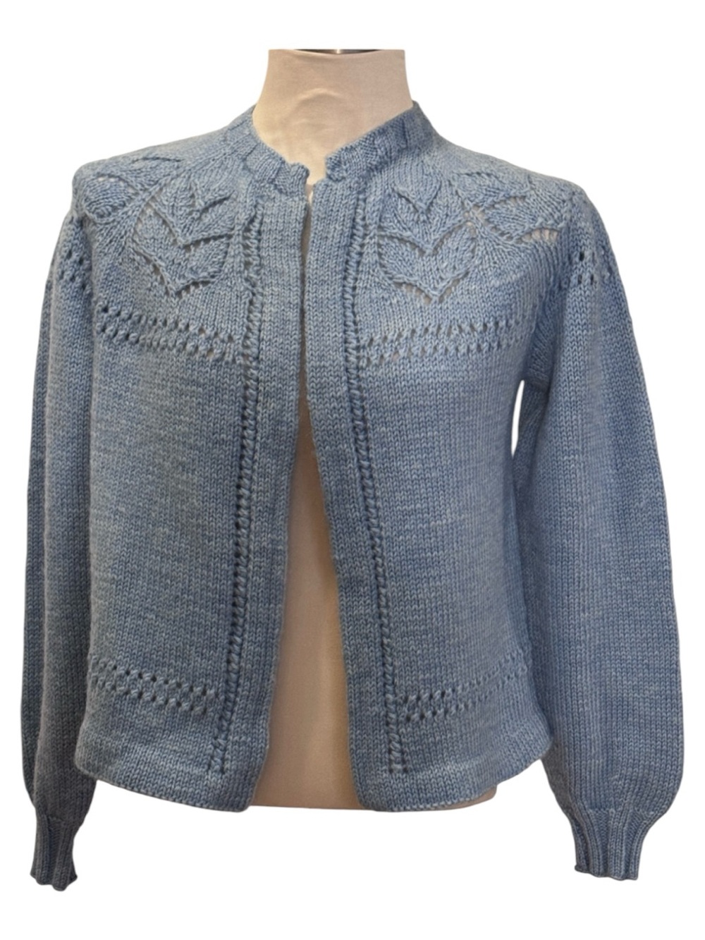 Hand Knit Wool Light Blue Cardigan Sweater Open Front Women’s Medium Cottagecore